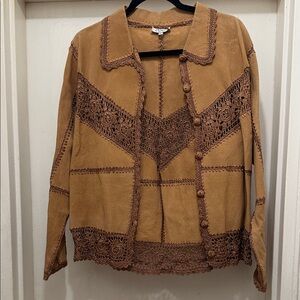 Crochet-Trim Suede-Look Button Blazer in Brown